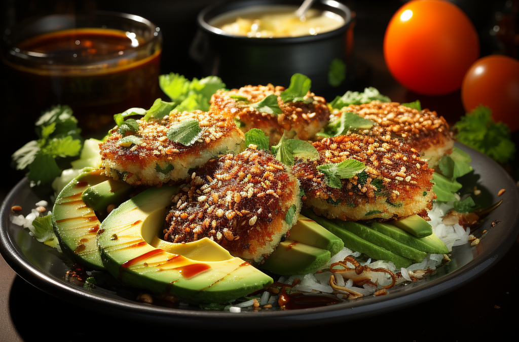 Vegetarischer Quinoa-Bratling mit Avocado-Dip